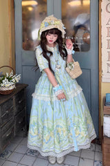 Blue/Green [Lily of the Valley Perfume] Pearl Candy Tea Doll Collar Short Sleeves Printed Lace Plus Size Sweet Lolita OP Dress - Blue/Green - 1