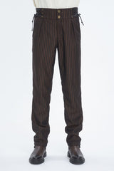 Brown High Waisted Lace-Up Striped Men's Gothic Pants - Brown - 1