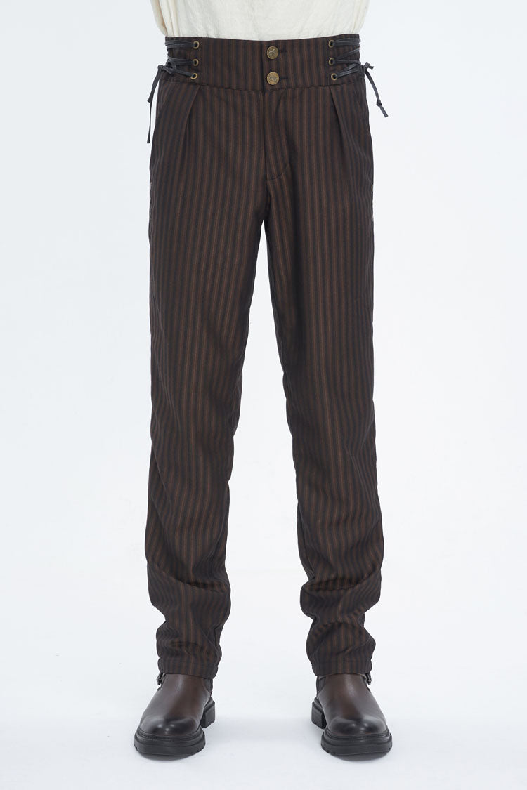 Brown High Waisted Lace-Up Striped Men's Gothic Pants - Brown - 1
