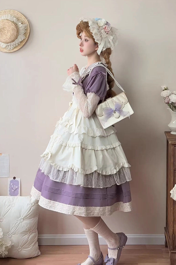 Purple [Mist over Flowers Along the Path] Lapel Collar Long Sleeves Embroidery Bowknot Lace Sweet Lolita Dress - Product - 2