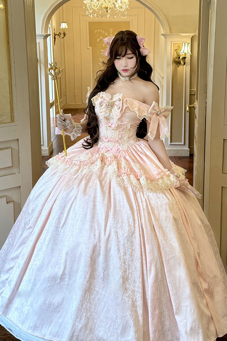 Pink [White Moonlight Lover] Romantic Commemorative Ceremony Sleeveless Ruffled Bow Lace Lace-Up Sweet Elegant Lolita Strapless Dress - Product - 2