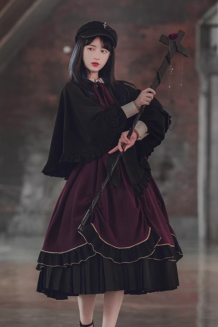 Purple/Black Trainee Magician Fake Two Piece Long Sleeves Ruffle Pleated Gothic Lolita Dress - Product - 3