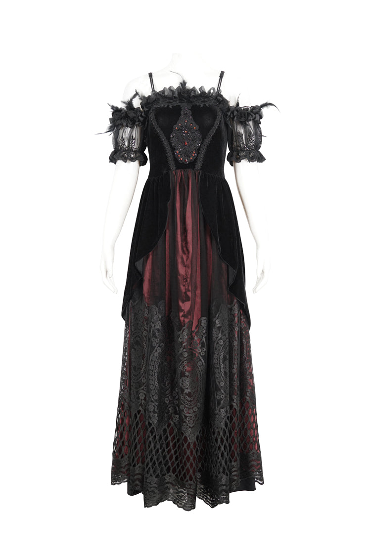 Red Off Shoulder High Waisted Print Lace Women's Gothic Dress - Product - 7