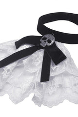Black/White Frilly Collar Skull Bow Tie Long Puff Sleeves Lace Lace-Up Women's Gothic Vintage Velvet Jacket - Product - 13