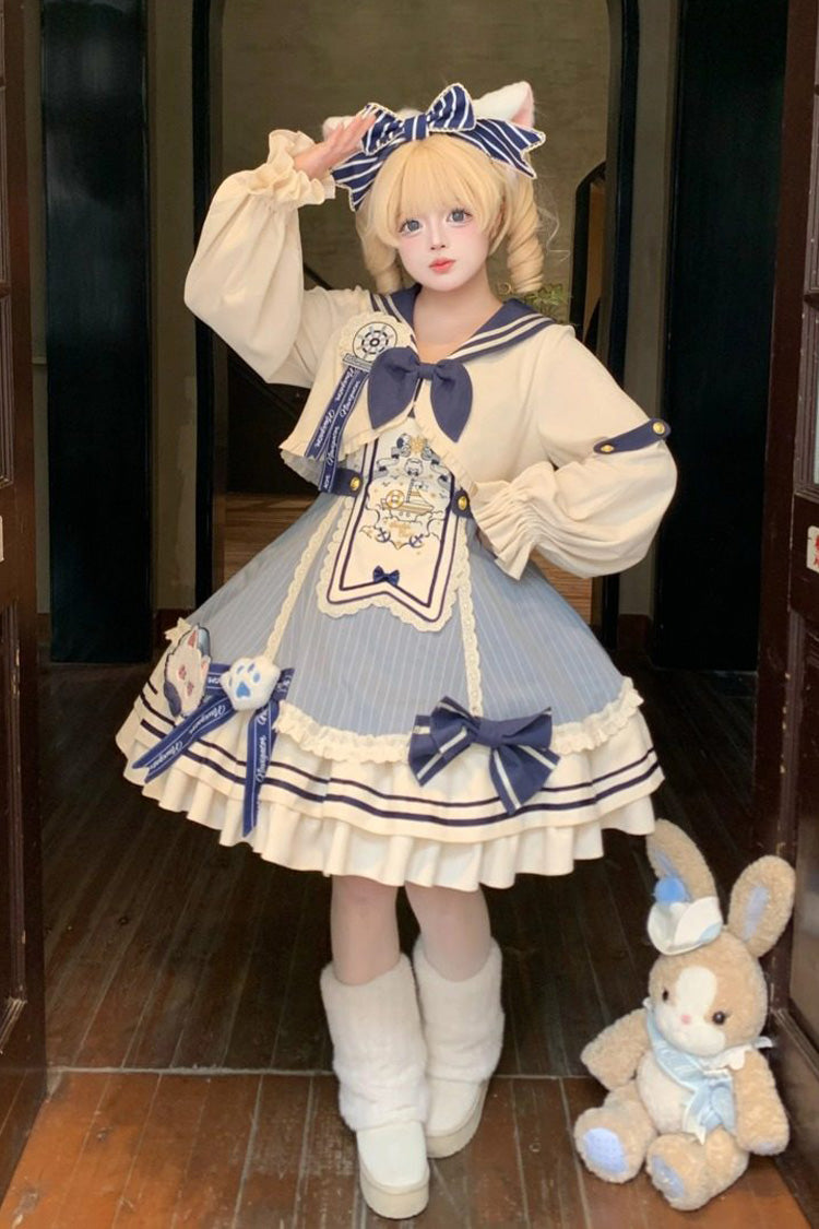 Blue/Ivory [Ride the Wind and Waves] Double-Layered Printed Ruffled Bow Lace Sweet Lolita Jsk Dress Set (Coat Included) - Product - 3