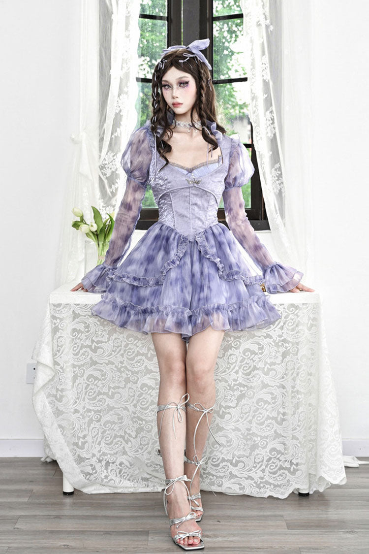Blue Ruffle Lace Tie-dyed Print Fake Two Pieces Sweet Princess Jsk Dress - Product - 4