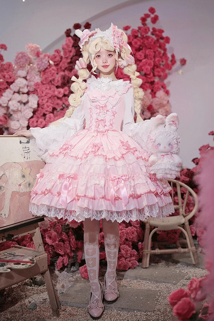 [Love Notebook] Sleeveless Multi-Layered Ruffle Bowknot Lace Sweet Lolita Jsk Dress 5 Colors - Pink - 1