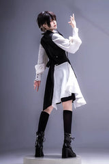 Black/White [Black Tea Concerto] Bow Asymmetric Ouji Fashion Gothic Prince Lolita Vest Top Shorts Set - Product - 5