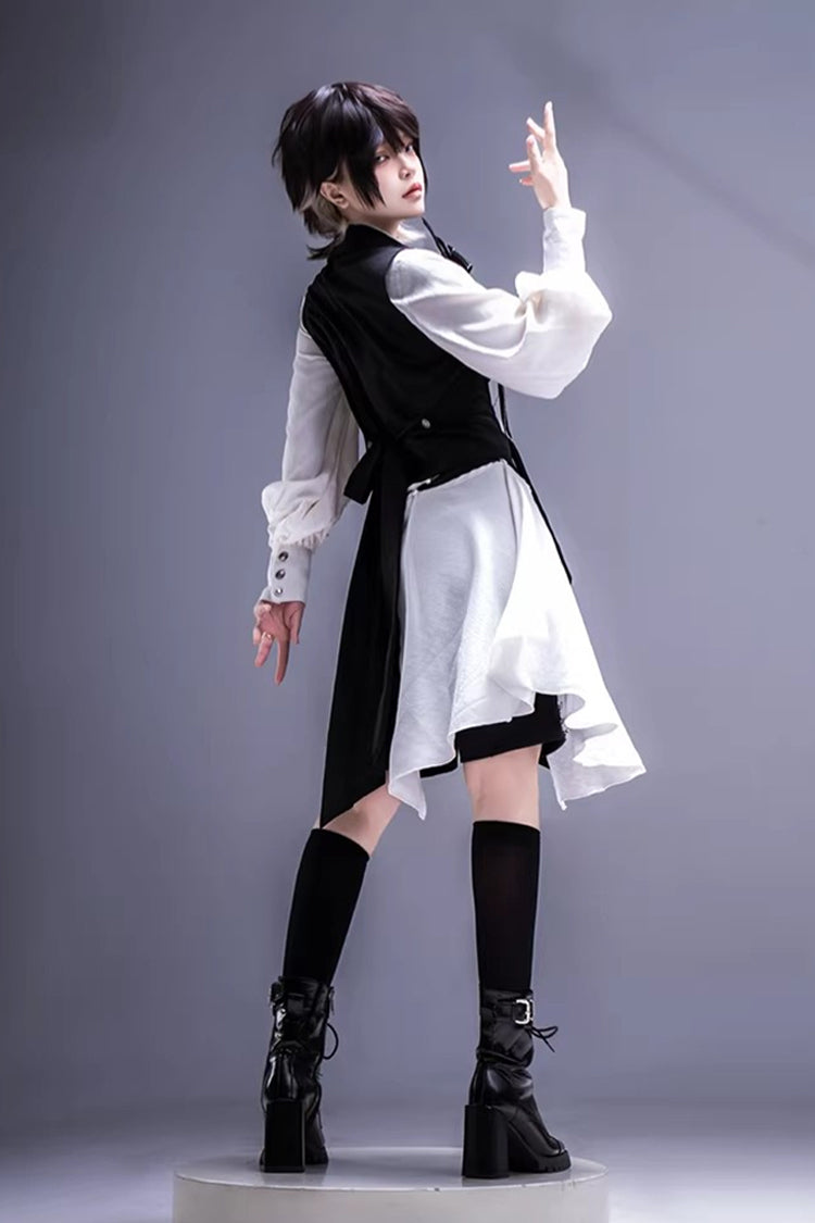 Black/White [Black Tea Concerto] Bow Asymmetric Ouji Fashion Gothic Prince Lolita Vest Top Shorts Set - Product - 5