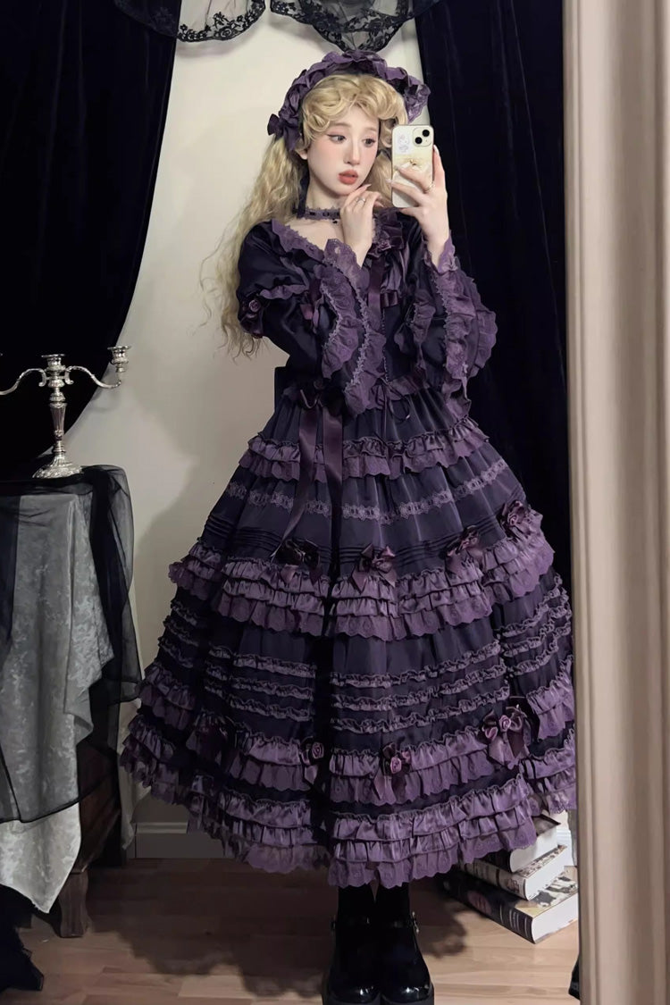 Purple Layered Blackcurrant Short Sleeves Ruffle Bowknot Lace Sweet (Set) detail view 7