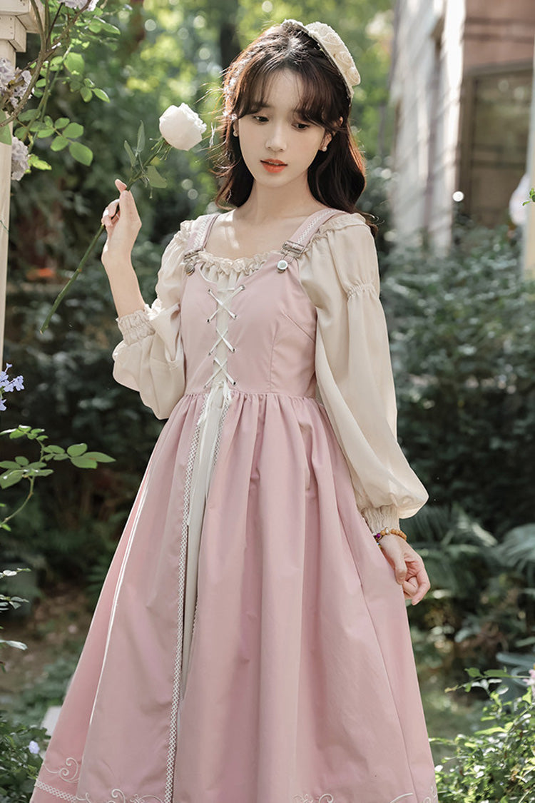 Pink/Apricot Square Collar Long Sleeves Ruffled Embroidered Lace-Up Sweet Lolita Two-Piece Dress Set - Product - 7
