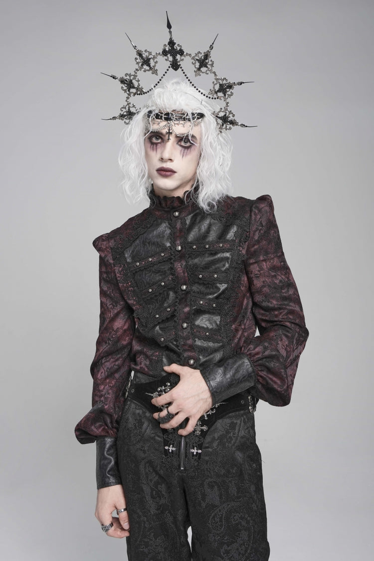 Black/Red Stand Collar Long Lantern Sleeves Floral Print Embroidery Men's Gothic Blouse - Black/Red - 1