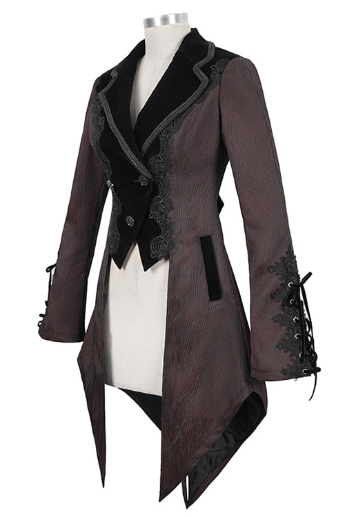 Red And Black Wavy Stripes Jacquard Long Fake Two Pieces Womens Gothic Coat - Product - 6