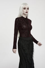 Red High Collar Long Sleeves Rose Jacquard Lace Slim Fit Women's Gothic Luxurious Top - Product - 6