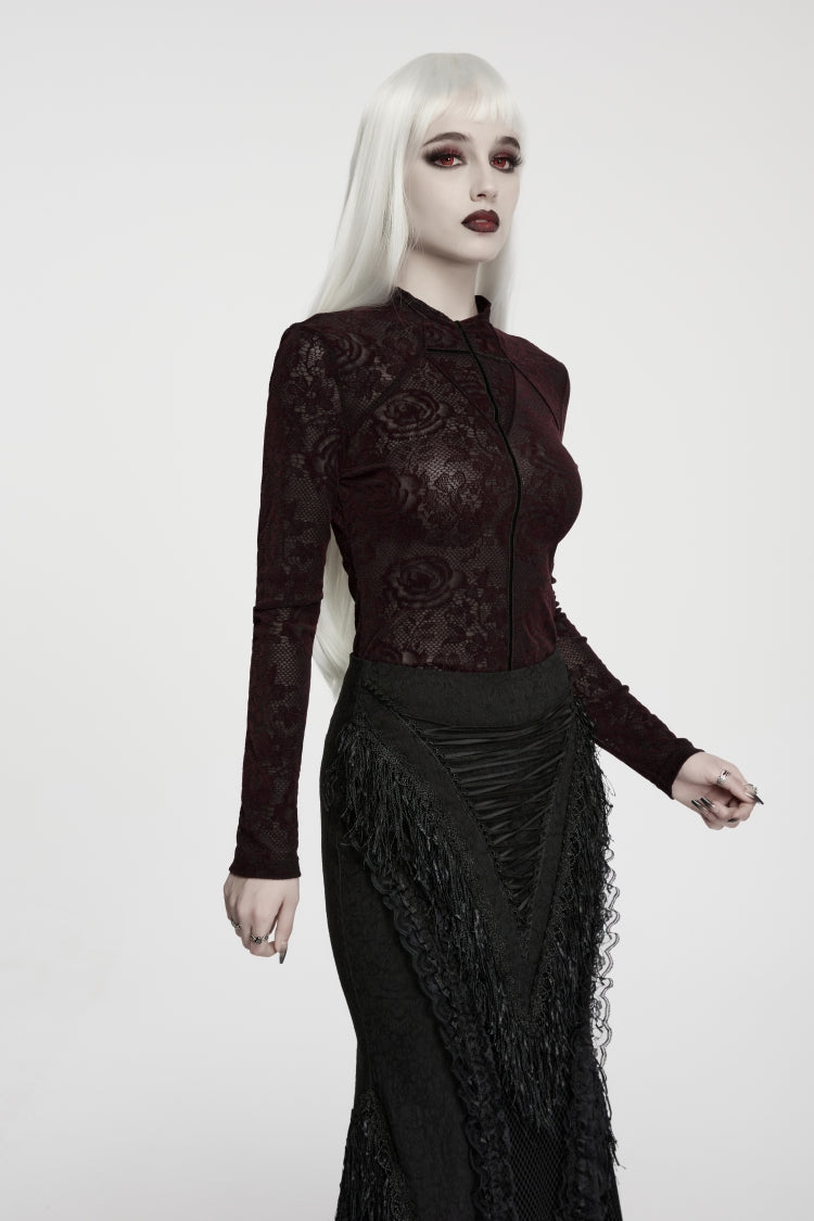 Red High Collar Long Sleeves Rose Jacquard Lace Slim Fit Women's Gothic Luxurious Top - Product - 6