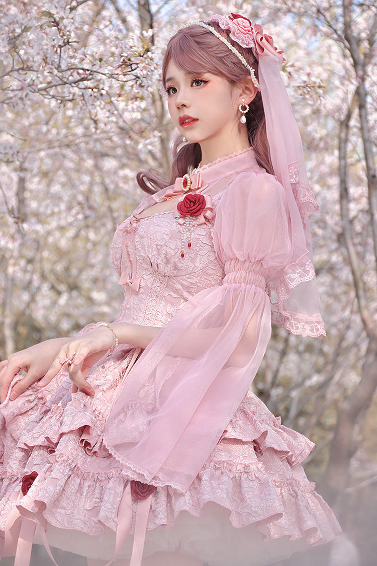 Pink Weeping Rose Double-Layered Ruffle Embroidery Bowknot Lace Sweet Ballet Lolita Skirt Set - Product - 2