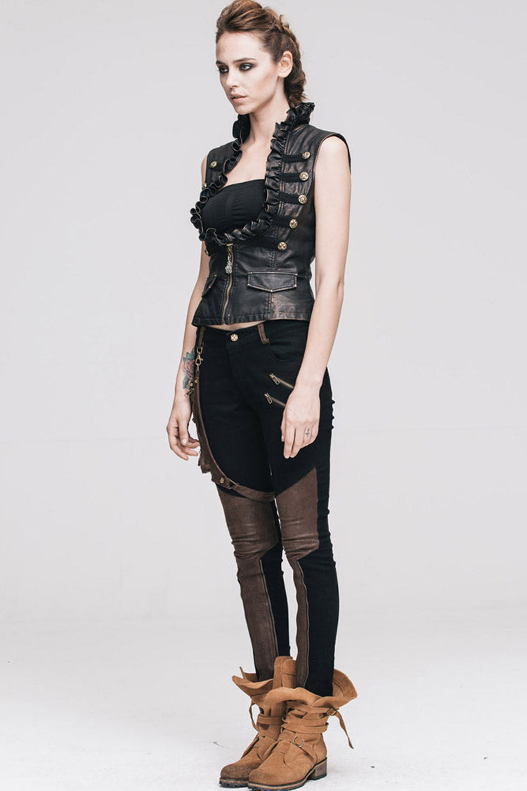 Punk Black Metal Ring Decoration Brown Leg Bag Twill Women's Pants - Product - 9