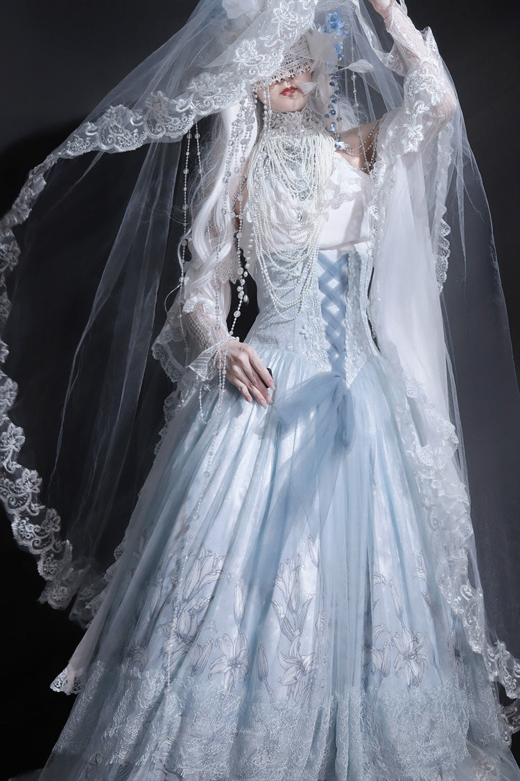 Blue [Snow Lily] Print Ruffle Hanayome Embroidery Bowknot Lace-Up Sweet Elegant Princess Lolita Skirt Set - Product - 8