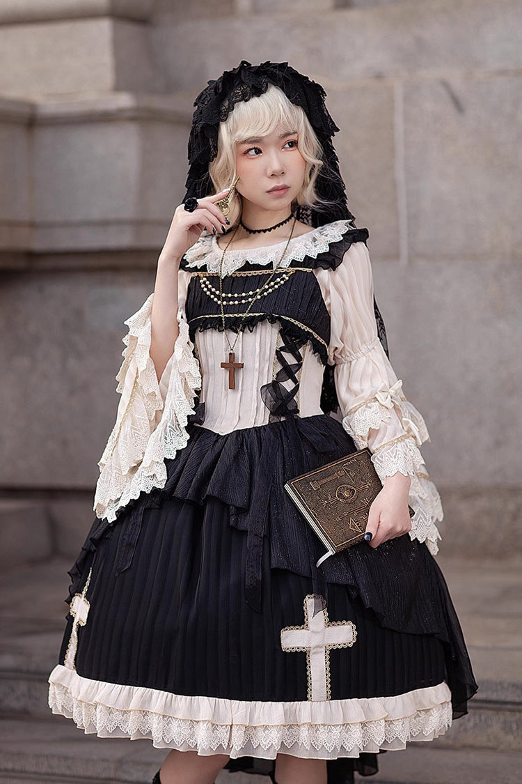 Black Eternal Life Song Print Cross Embroidery Sleeveless Ruffle Gothic Lolita Dress - Product - 4