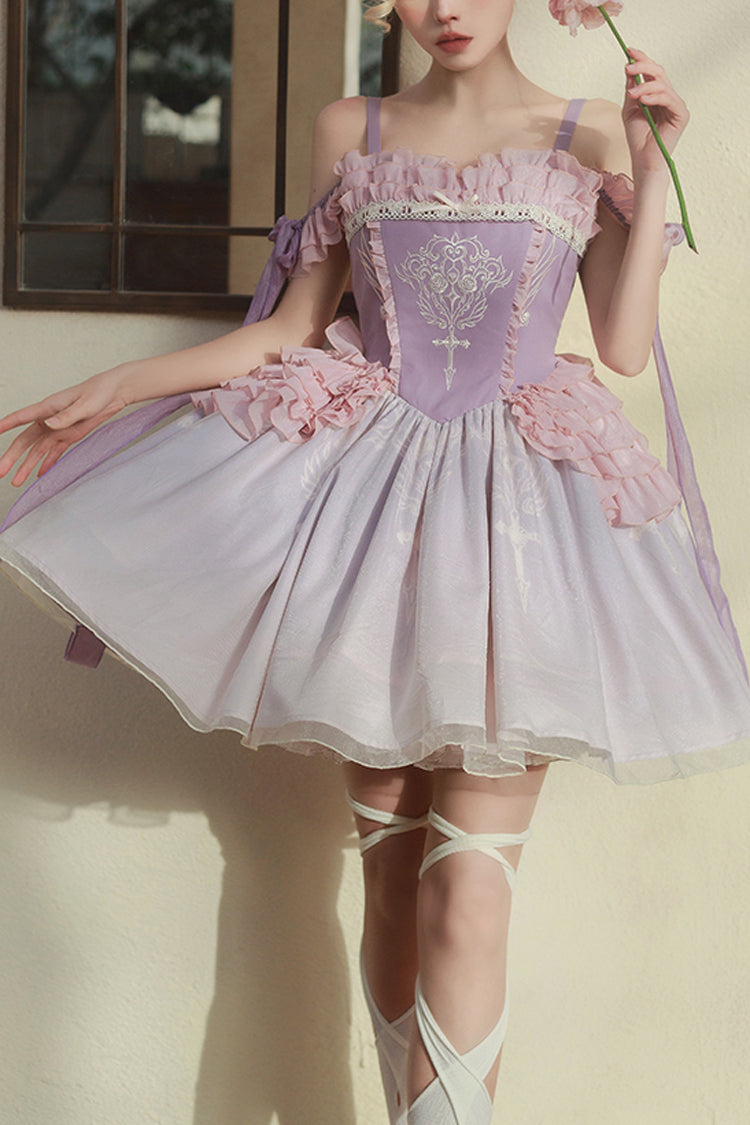 Purple Midsummer Dream Elegant Embroidered Print Chinese Style Ballet Boat Neck Sweet Qi Lolita Dress - Purple - 1
