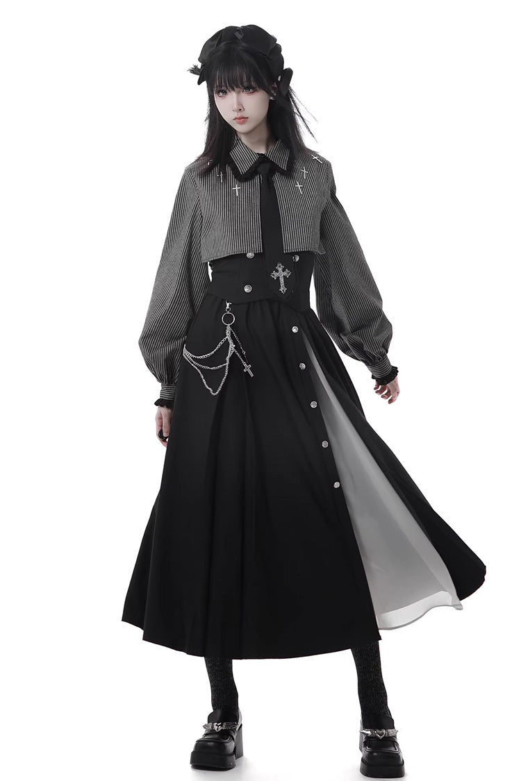 Black [Hymn of the Cross] Long Sleeves Printed Ruffled Asymmetric Chain-Decorated Gothic Jirai Kei Skirt Set - Black Long Skirt Set - 8