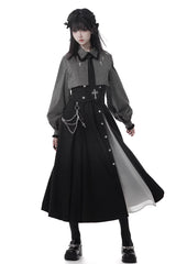 Black [Hymn of the Cross] Long Sleeves Printed Ruffled Asymmetric Chain-Decorated Gothic Jirai Kei Skirt Set - Black Long Skirt Set - 8