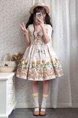 Cat and Sunflower Print Bowknot Sweet Lolita Jsk Dress 2 Colors - Ivory - 2