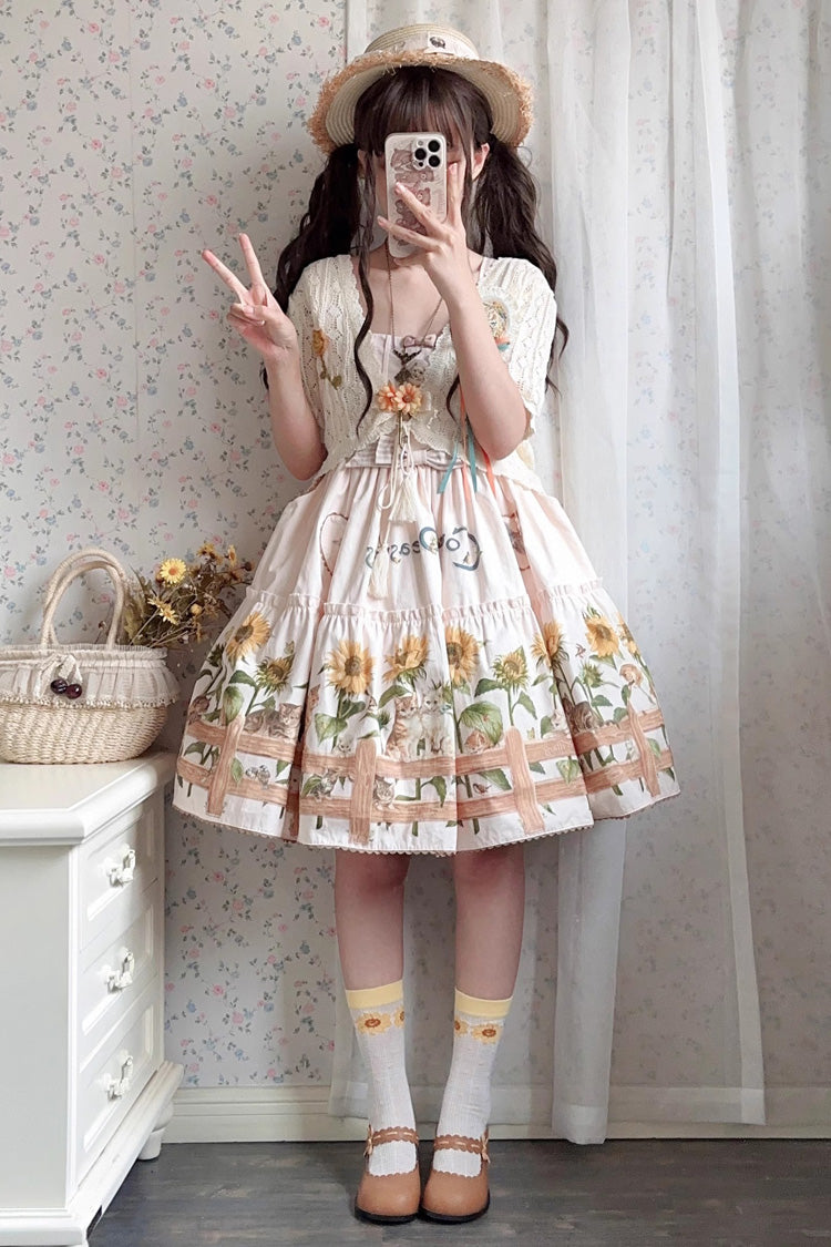 Cat and Sunflower Print Bowknot Sweet Lolita Jsk Dress 2 Colors - Ivory - 2