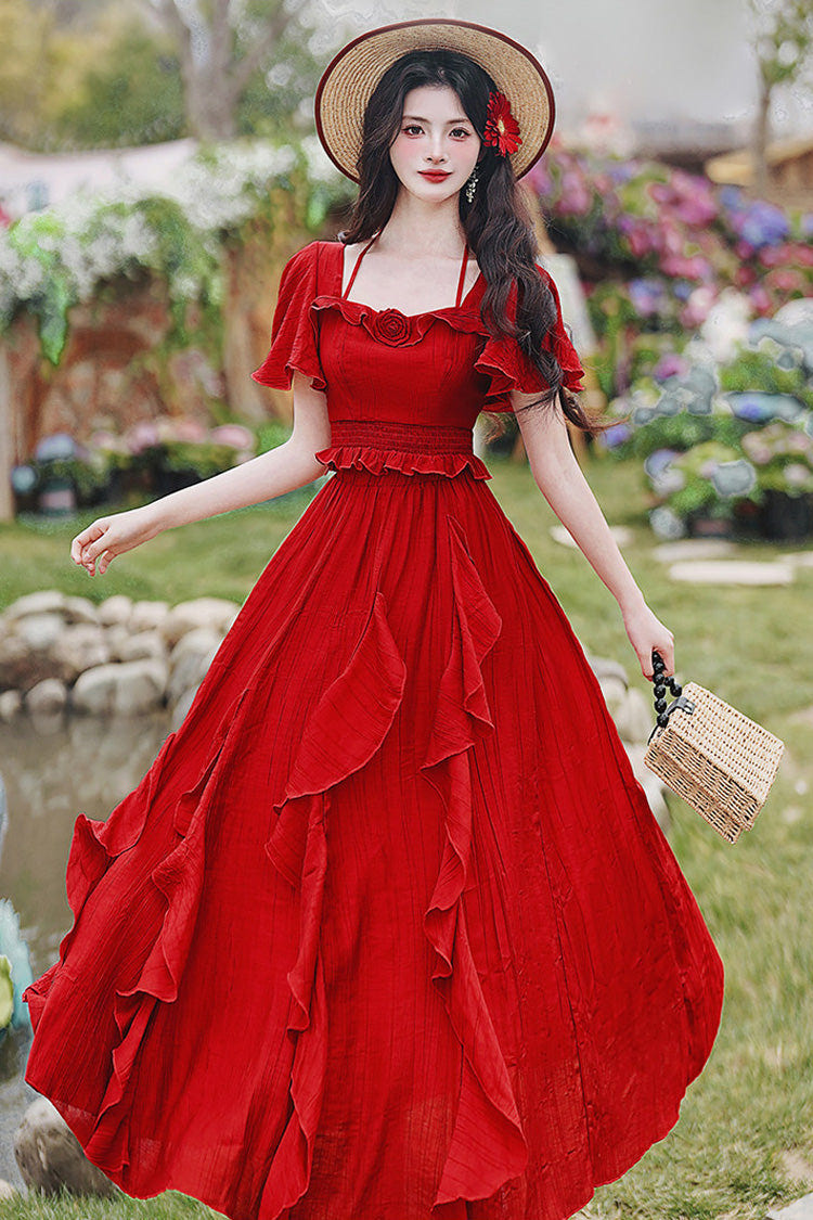 Red Square Collar Halterneck Short Sleeves High Waisted Ruffled Gothic Vintage Lolita Long Skirt Set - Red - 1