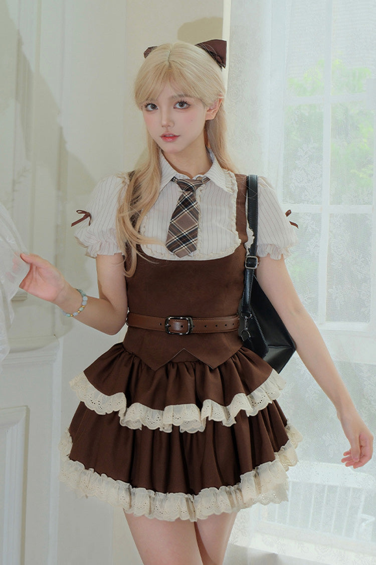 Brown Coco Love Letter Double-Layered Ruffle Lace Sweet College Style Lolita Skirt Set - Product - 6