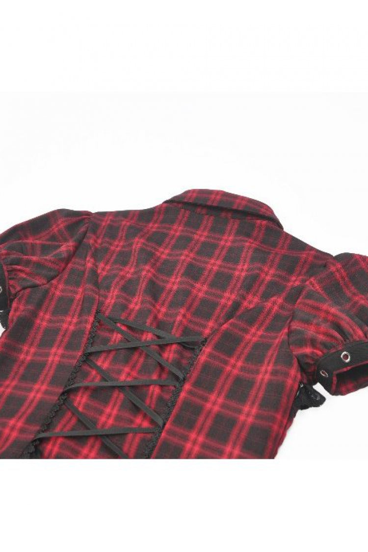 Black/Red Plaid Turn-Down Collar Cut-Out Short Sleeves Lace-Up Women's Punk Retro Mini Dress - Product - 16