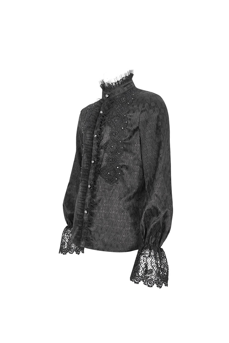 Black Stand Collar Puff Sleeved Lace Splice Men's Gothic Shirt - Product - 8