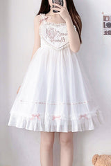 White Ruffled Shoulder Strap Heart Pattern Sweet Lolita JSK Dress - White - 1
