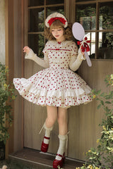 Apricot [Lollipop] Cotton Round Collar Long Lantern Sleeves Polka Dot Printed Ruffled Bow Lace Sweet Elegant Lolita Dress 2 Versions - Product - 16