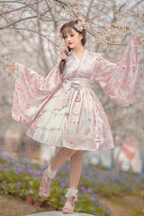 Japanese Trumpet Sleeves Lace Ruffled Cherry Blossom Print Sweet Lolita OP Dress - Pink - 6