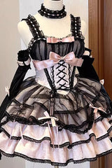 Black/Pink Sleeveless Multi-layer Ruffle Bowknot Lace-Up Gothic Princess Lolita Jsk Dress - Black/Pink - 1