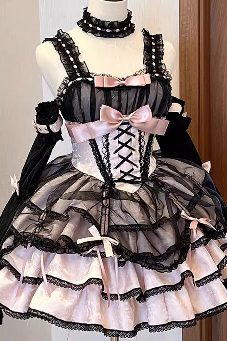Black/Pink Sleeveless Multi-layer Ruffle Bowknot Lace-Up Gothic Princess Lolita Jsk Dress - Black/Pink - 1
