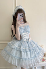 Light Blue Halterneck Triple-Layered Bowknot Lace Sweet Lolita Jsk Dress - Blue - 1