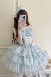 Light Blue Halterneck Triple-Layered Bowknot Lace Sweet (Dress Only) front view