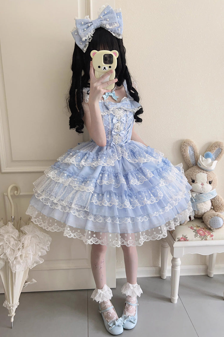 Blue [Love Overture] Multi-Layered Ruffle Bowknot Lace Sweet Lolita Jsk Dress - Product - 2
