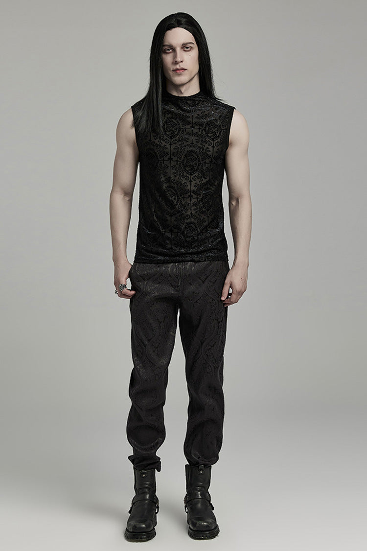 Black Sleeveless Beaded Cross Flocking Print Men's Gothic Tank Top - Product - 4