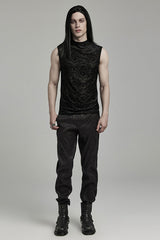 Black Sleeveless Beaded Cross Flocking Print Men's Gothic Tank Top - Product - 4
