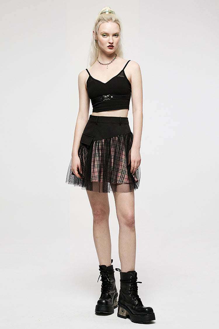 Pink/Black Cotton Splicing Mesh Sweet Plaid Personalized Pocket Decoration Waist Punk Women's Short Skirt - Product - 4