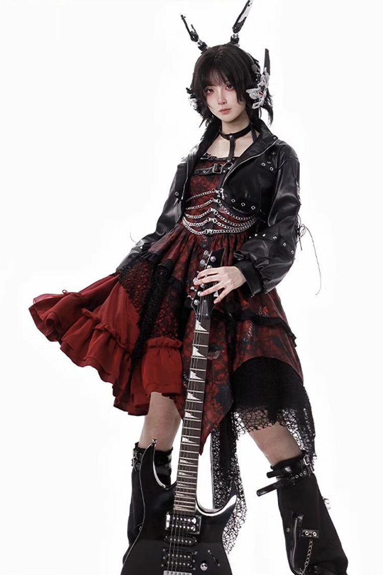 Red [Strawberries of Blood and Tears] Sleeveless Print Ruffle Bowknot Lace Asymmetric Gothic Lolita Jsk Dress - Product - 12