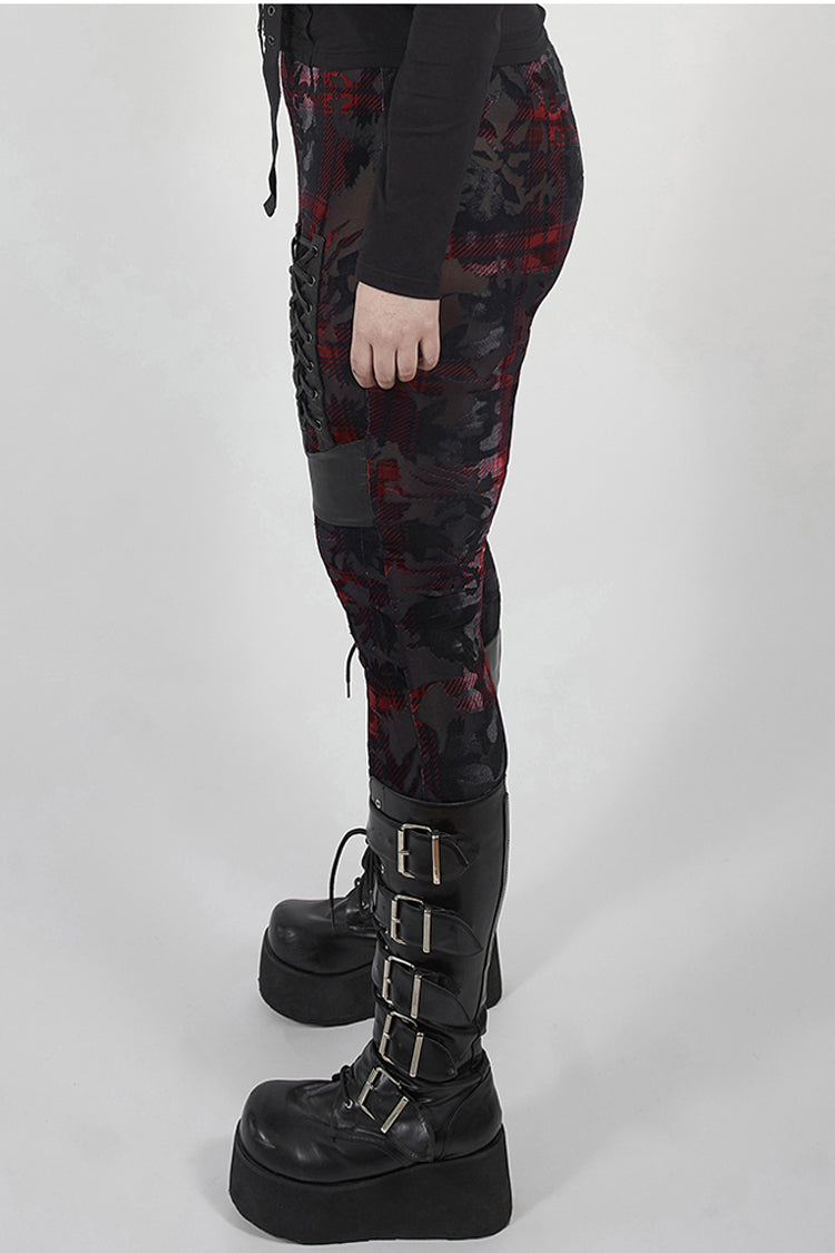 Red Plaid Plus Size Front Splice Imitation Leather Lace-Up Classic Printing Women's Punk Legging - Product - 2