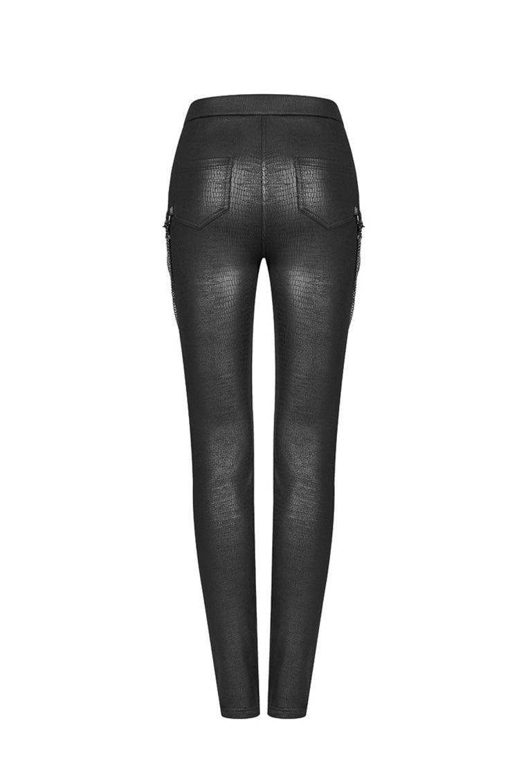 Black Crack Velvet Splice Knit PU Leather Metal Buckle Connect Chain Women's Punk Leggings - Product - 7