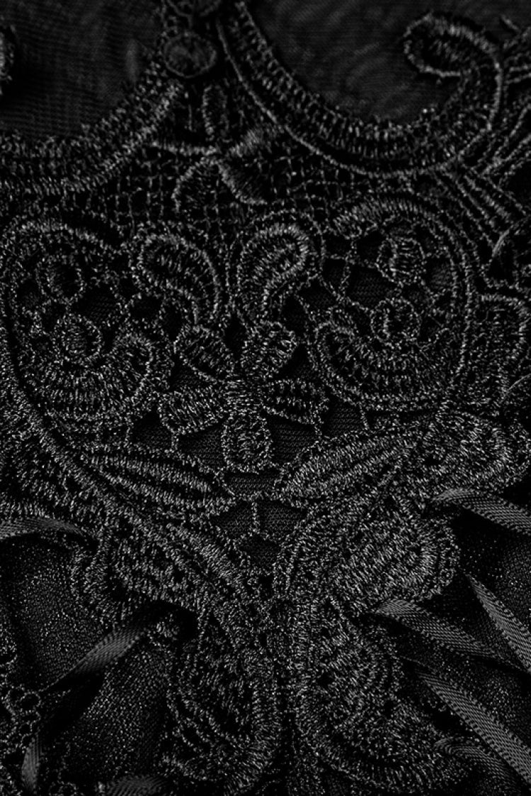 Black High Collar Sleeveless Stitching Lace Lace-Up Mesh Women's Gothic T-Shirt - Product - 7