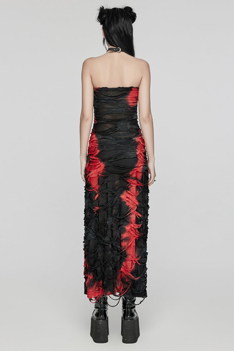 Black/Red Contrast Color Print Ripped Women's Gothic Dress - Product - 3