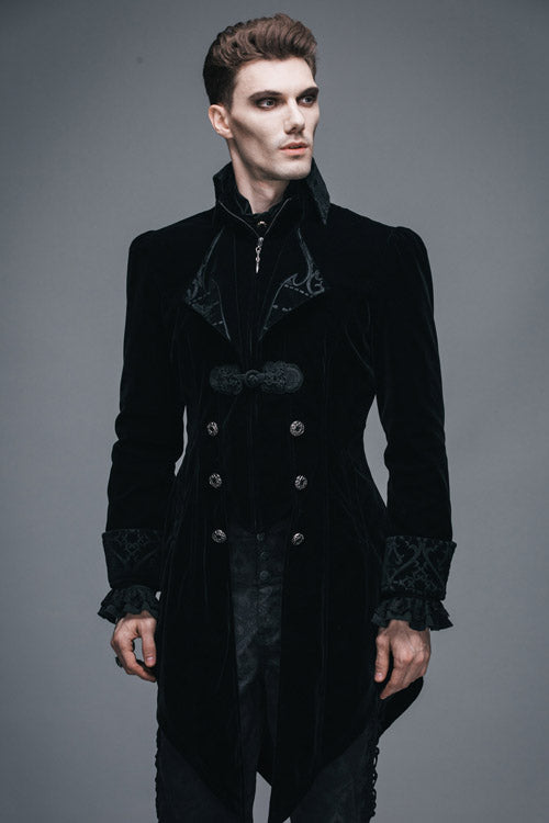 Black Embroidered Collar Long Sleeves Mens Velveteen Tuxedo Gothic Coat - Product - 3
