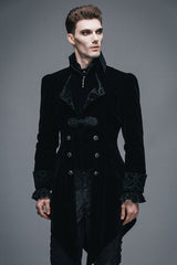 Black Embroidered Collar Long Sleeves Mens Velveteen Tuxedo Gothic Coat - Product - 3